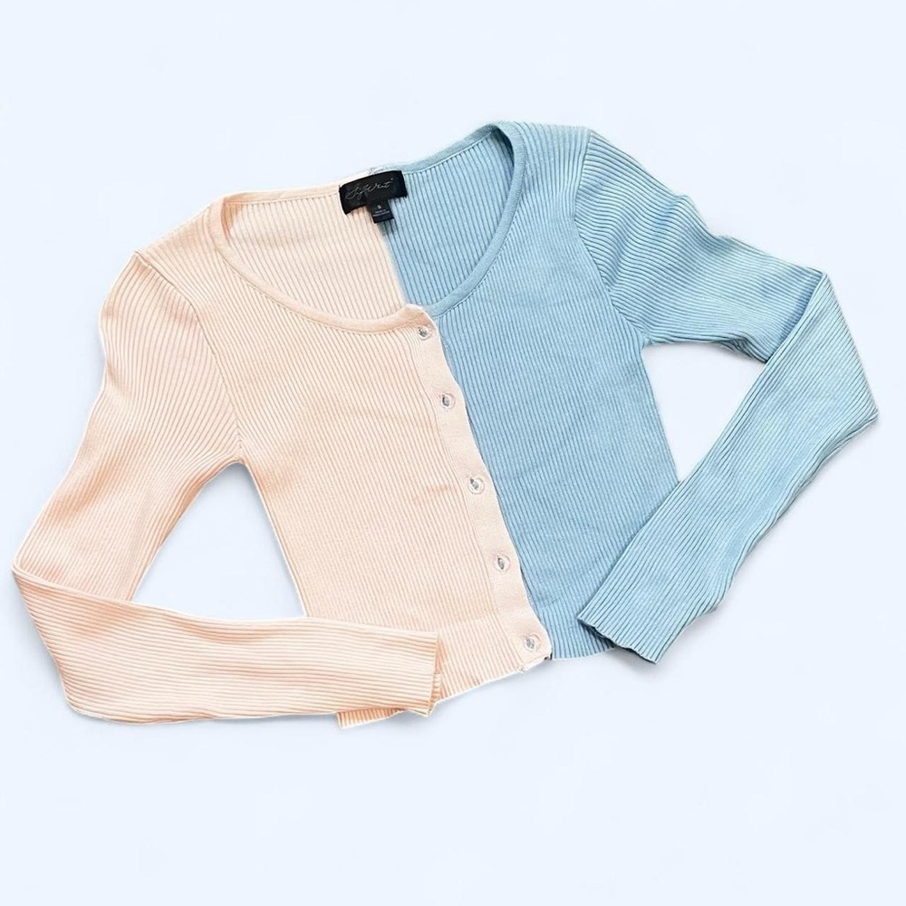 Say What? Small Light Blue Pink Long Sleeve Button Up Knit Sweater Crop Top Y2K